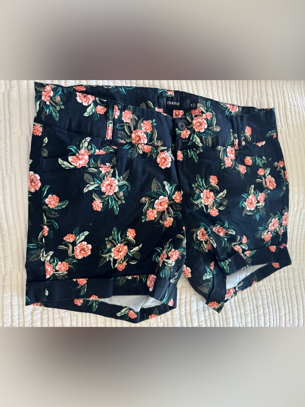 torrid Black Floral Button-Front Shorts with Coral Flowers